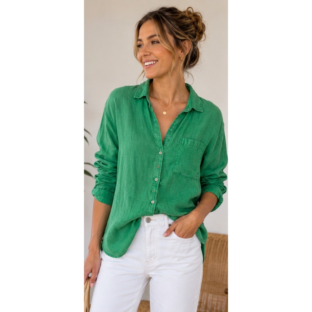 Maeve Anthropologie Green 100% Linen Ruched Sleeve Button Down Shirt Large